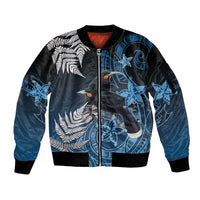 New Zealand Huia Bird Sleeve Zip Bomber Jacket Aotearoa Maori Pattern