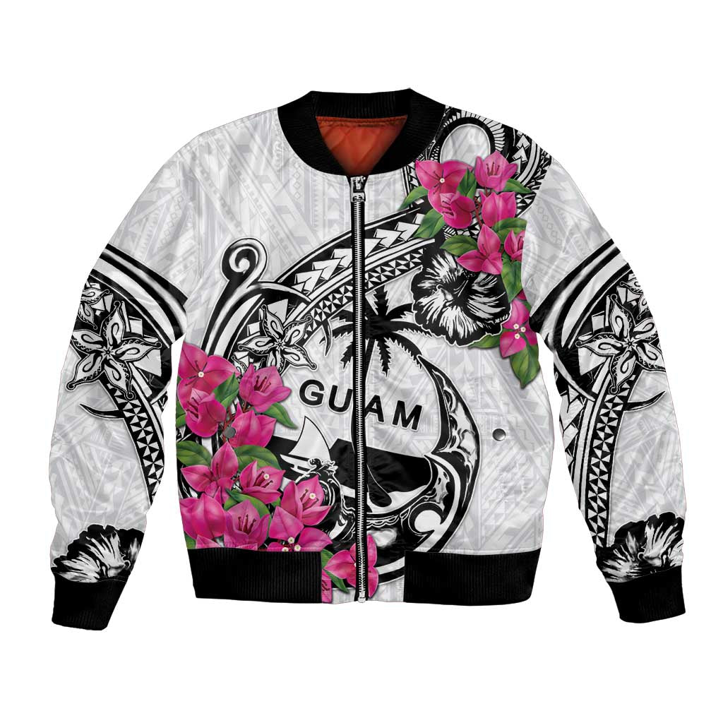 Guam Chamorro Bomber Jacket Bougainvillea White Polynesian Tribal Pattern