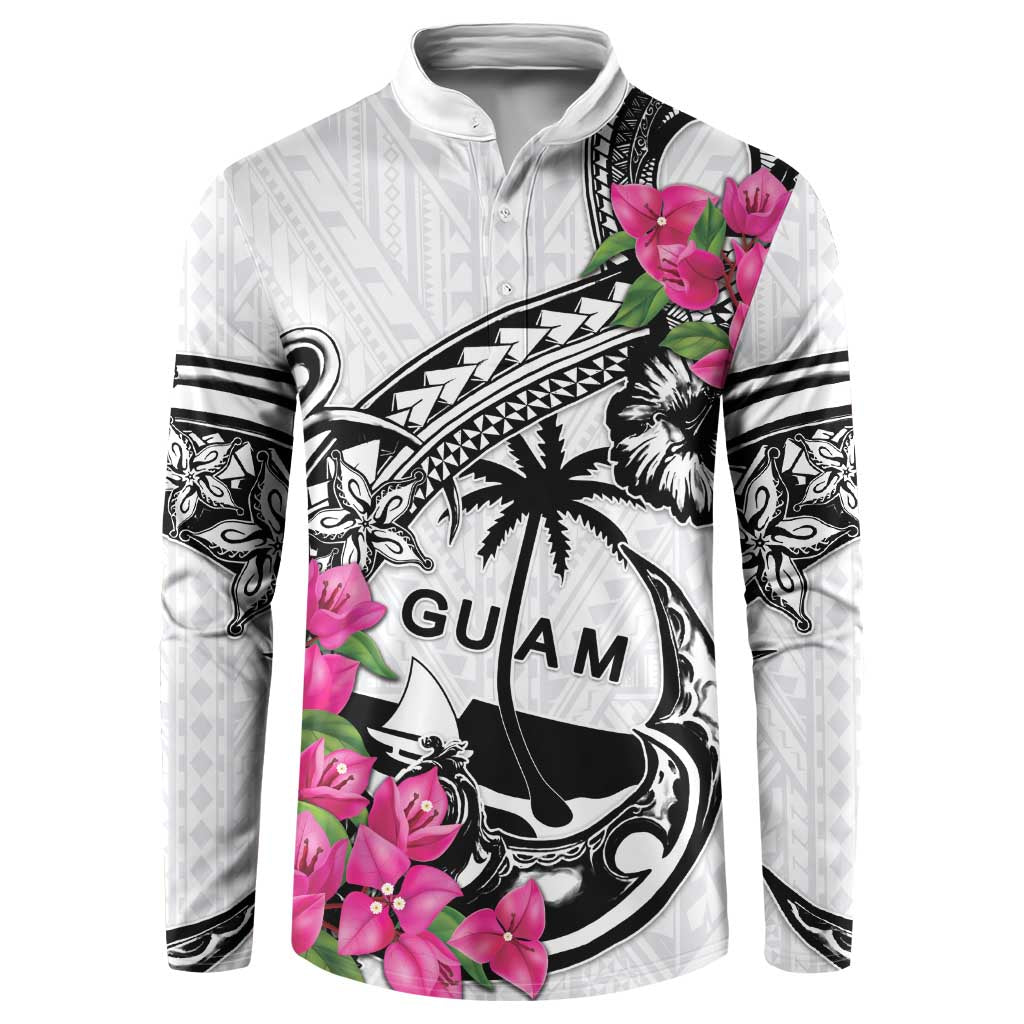 Guam Chamorro Button Sweatshirt Bougainvillea White Polynesian Tribal Pattern