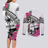 Guam Chamorro Couples Matching Long Sleeve Bodycon Dress and Long Sleeve Button Shirt Bougainvillea White Polynesian Tribal Pattern