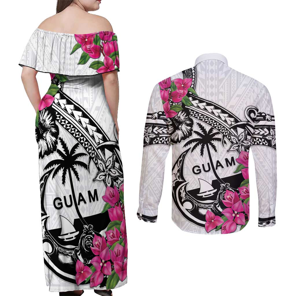 Guam Chamorro Couples Matching Off Shoulder Maxi Dress and Long Sleeve Button Shirt Bougainvillea White Polynesian Tribal Pattern