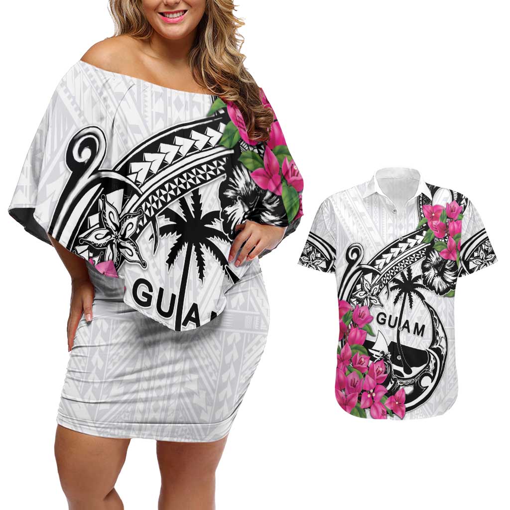 Guam Chamorro Couples Matching Off Shoulder Short Dress and Hawaiian Shirt Bougainvillea White Polynesian Tribal Pattern