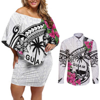 Guam Chamorro Couples Matching Off Shoulder Short Dress and Long Sleeve Button Shirt Bougainvillea White Polynesian Tribal Pattern