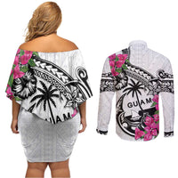 Guam Chamorro Couples Matching Off Shoulder Short Dress and Long Sleeve Button Shirt Bougainvillea White Polynesian Tribal Pattern