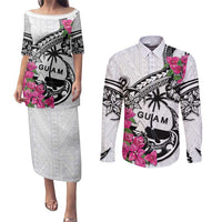 Guam Chamorro Couples Matching Puletasi and Long Sleeve Button Shirt Bougainvillea White Polynesian Tribal Pattern