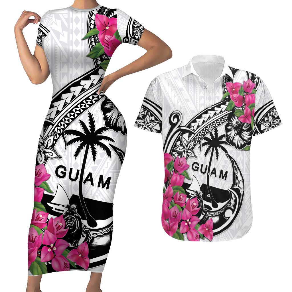 Guam Chamorro Couples Matching Short Sleeve Bodycon Dress and Hawaiian Shirt Bougainvillea White Polynesian Tribal Pattern