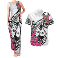 Guam Chamorro Couples Matching Tank Maxi Dress and Hawaiian Shirt Bougainvillea White Polynesian Tribal Pattern