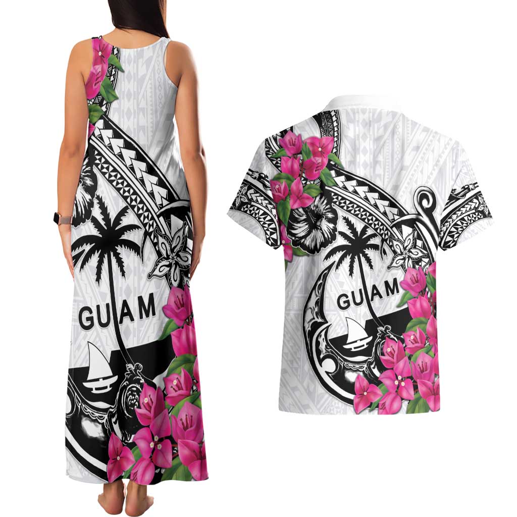 Guam Chamorro Couples Matching Tank Maxi Dress and Hawaiian Shirt Bougainvillea White Polynesian Tribal Pattern