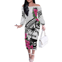 Guam Chamorro Family Matching Off The Shoulder Long Sleeve Dress and Hawaiian Shirt Bougainvillea White Polynesian Tribal Pattern