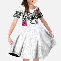 Guam Chamorro Family Matching Off Shoulder Maxi Dress and Hawaiian Shirt Bougainvillea White Polynesian Tribal Pattern