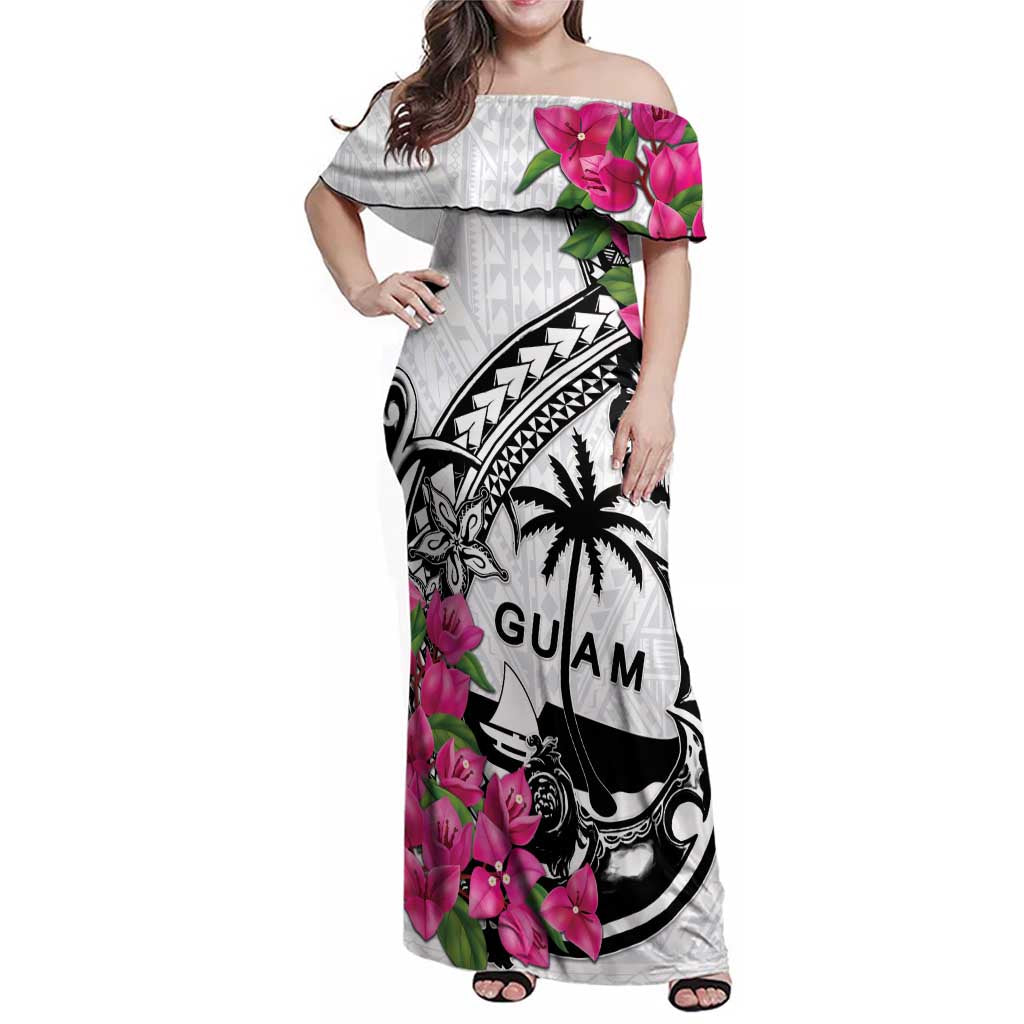 Guam Chamorro Family Matching Off Shoulder Maxi Dress and Hawaiian Shirt Bougainvillea White Polynesian Tribal Pattern
