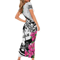 Guam Chamorro Family Matching Short Sleeve Bodycon Dress and Hawaiian Shirt Bougainvillea White Polynesian Tribal Pattern