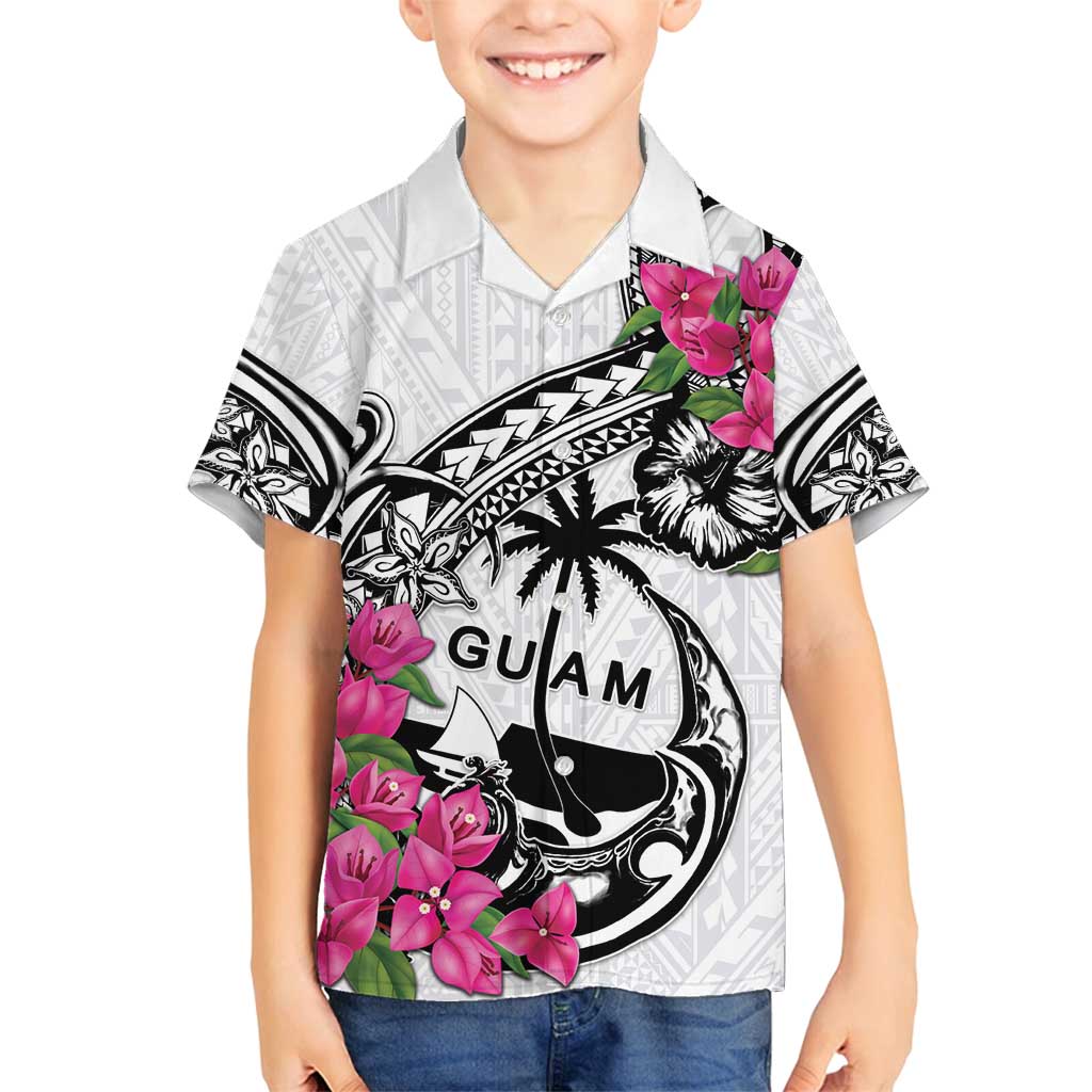 Guam Chamorro Family Matching Tank Maxi Dress and Hawaiian Shirt Bougainvillea White Polynesian Tribal Pattern