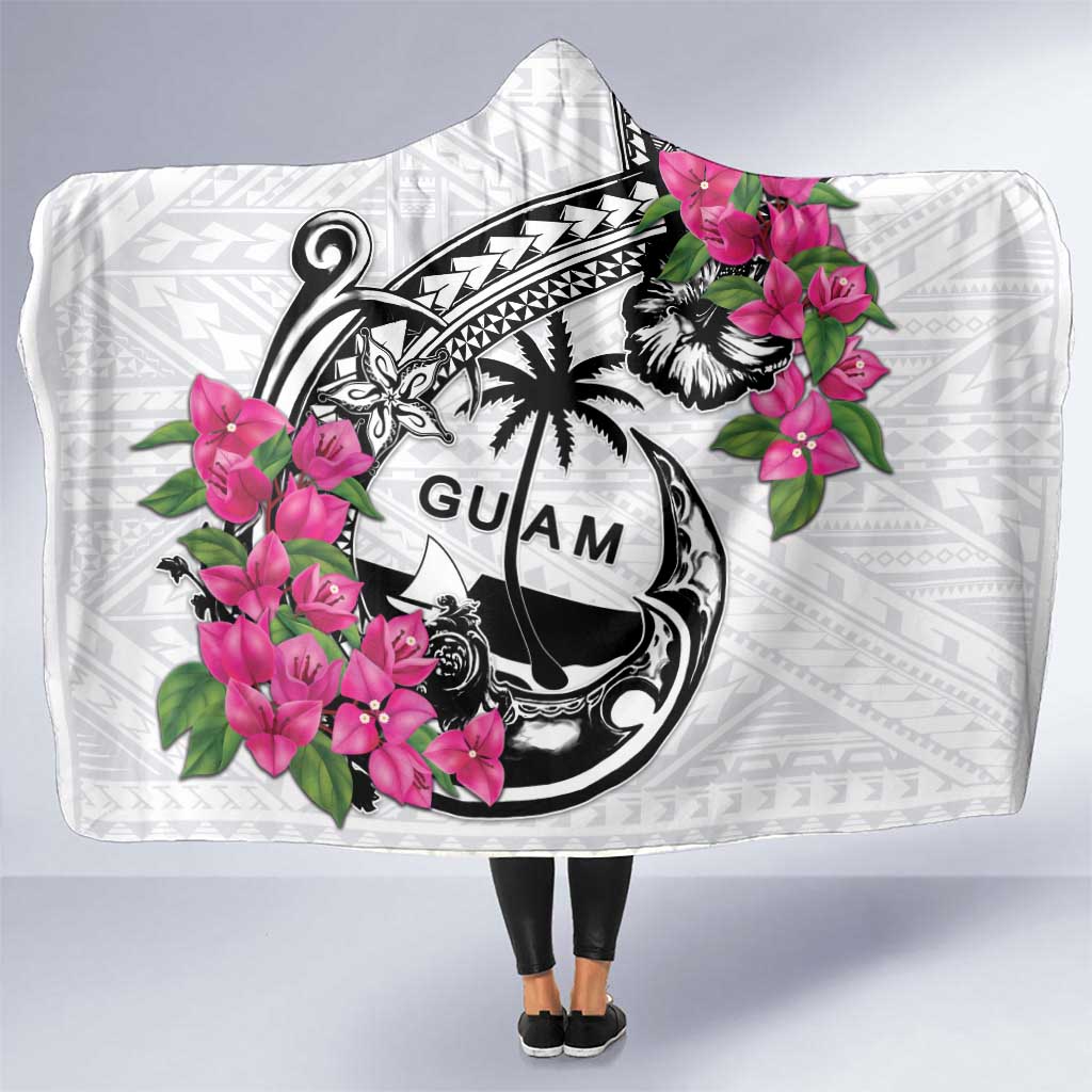Guam Chamorro Hooded Blanket Bougainvillea White Polynesian Tribal Pattern