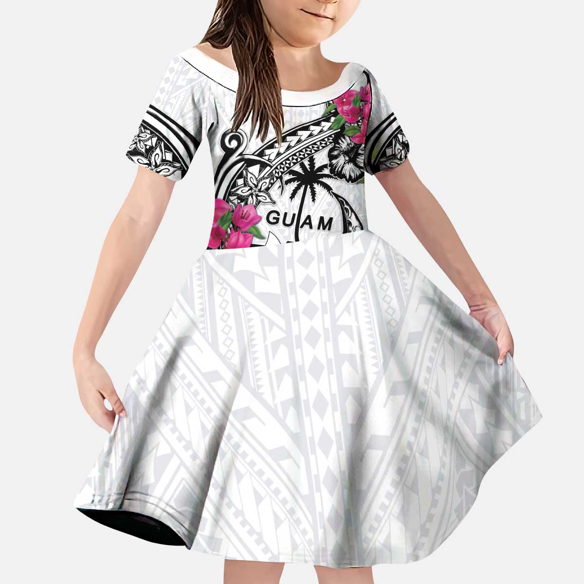 Guam Chamorro Kid Short Sleeve Dress Bougainvillea White Polynesian Tribal Pattern