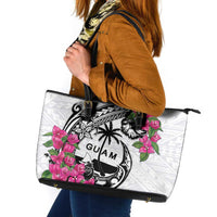 Guam Chamorro Leather Tote Bag Bougainvillea White Polynesian Tribal Pattern