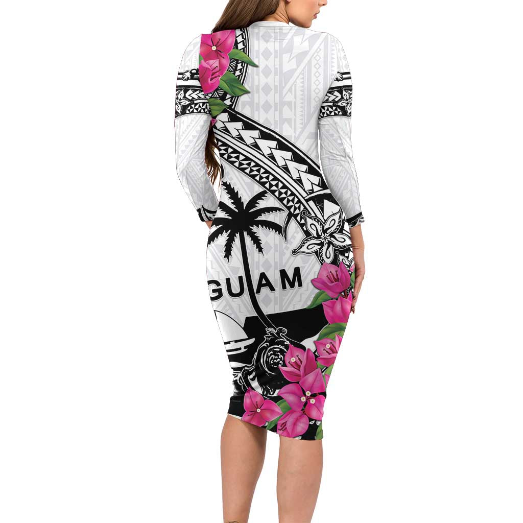 Guam Chamorro Long Sleeve Bodycon Dress Bougainvillea White Polynesian Tribal Pattern