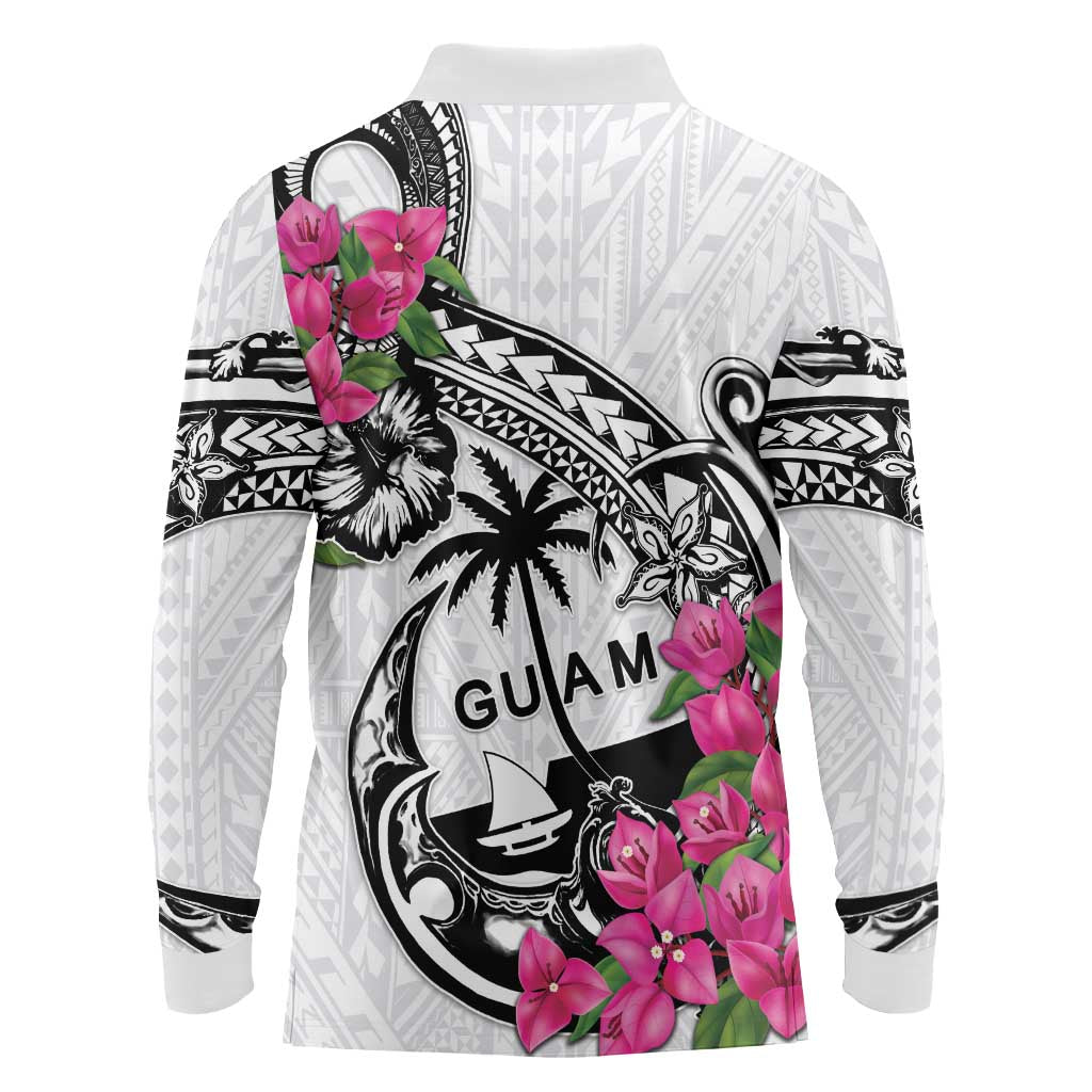 Guam Chamorro Long Sleeve Polo Shirt Bougainvillea White Polynesian Tribal Pattern