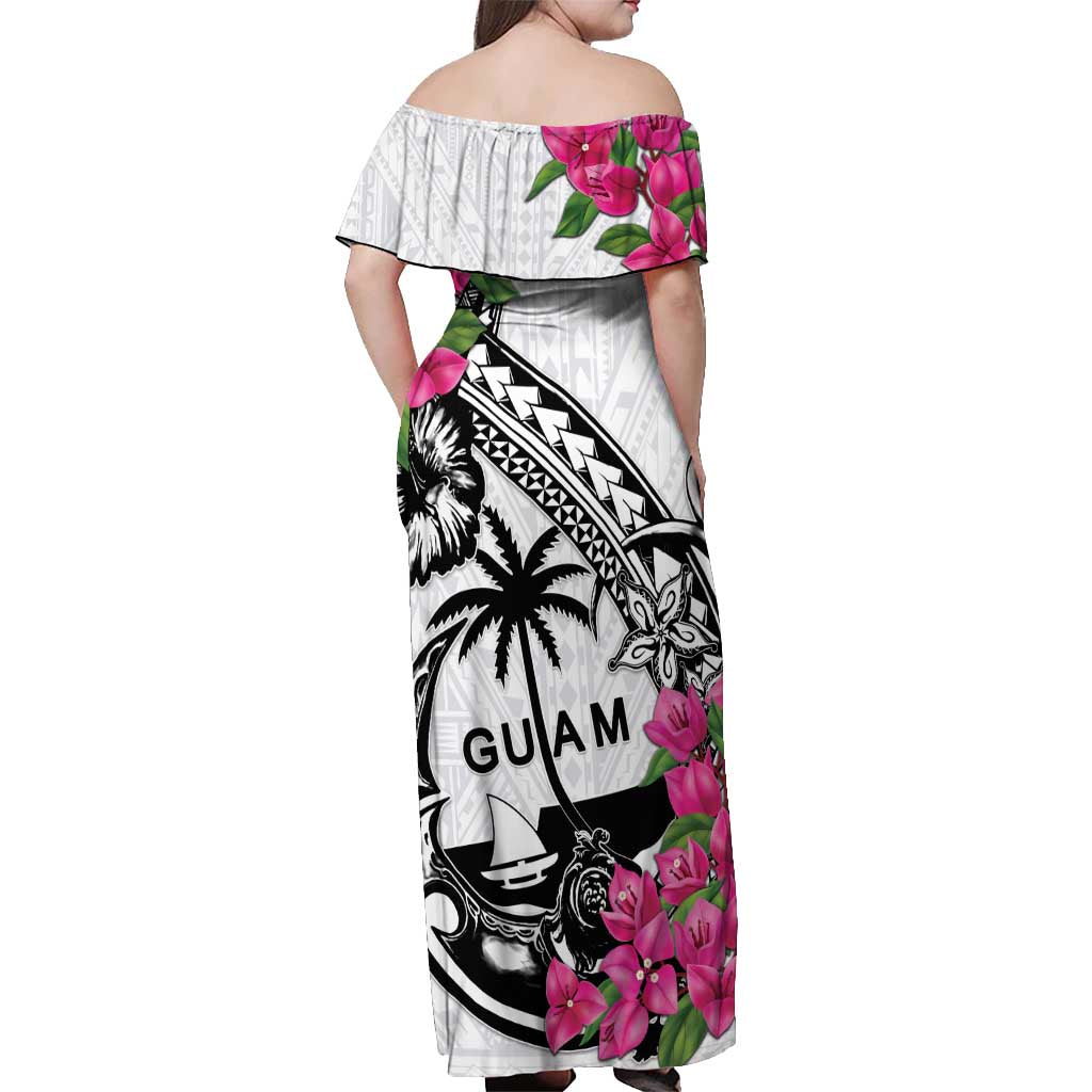 Guam Chamorro Off Shoulder Maxi Dress Bougainvillea White Polynesian Tribal Pattern