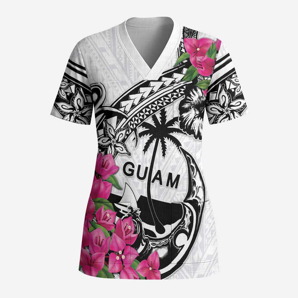 Guam Chamorro Scrub Top Bougainvillea White Polynesian Tribal Pattern - Polynesian Pride