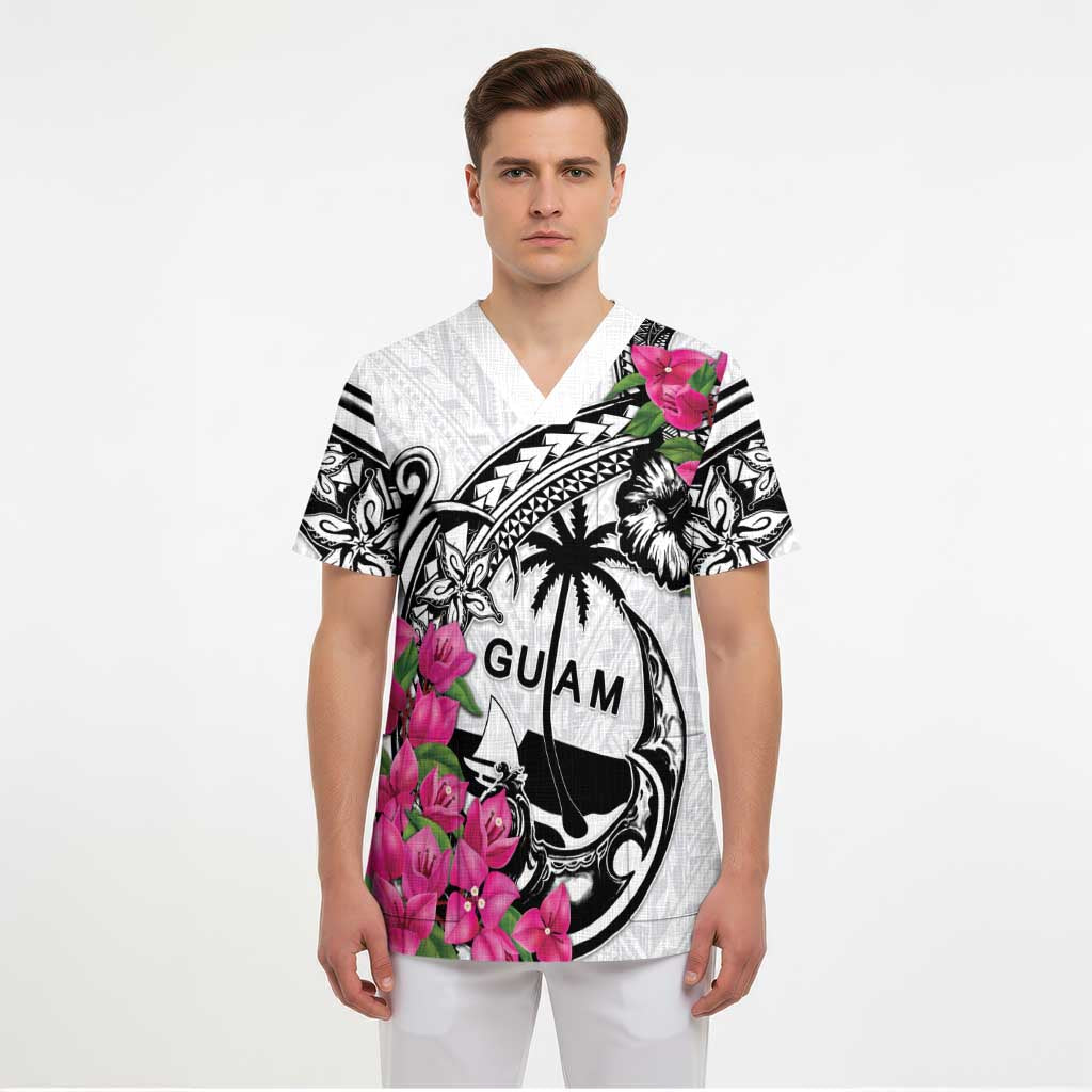 Guam Chamorro Scrub Top Bougainvillea White Polynesian Tribal Pattern - Polynesian Pride