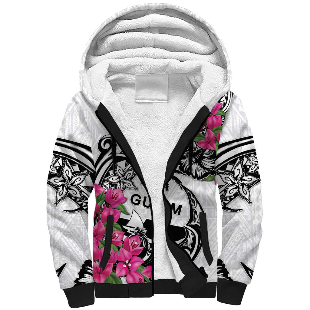 Guam Chamorro Sherpa Hoodie Bougainvillea White Polynesian Tribal Pattern
