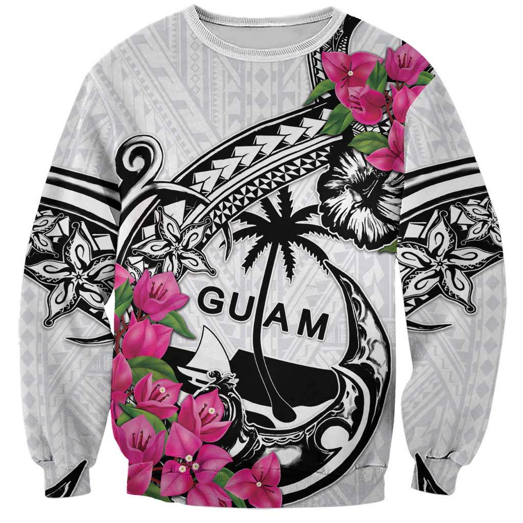 Guam Chamorro Sweatshirt Bougainvillea White Polynesian Tribal Pattern