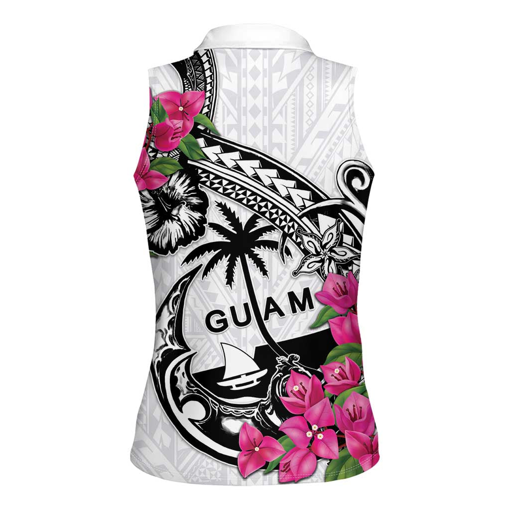 Guam Chamorro Women Sleeveless Polo Shirt Bougainvillea White Polynesian Tribal Pattern