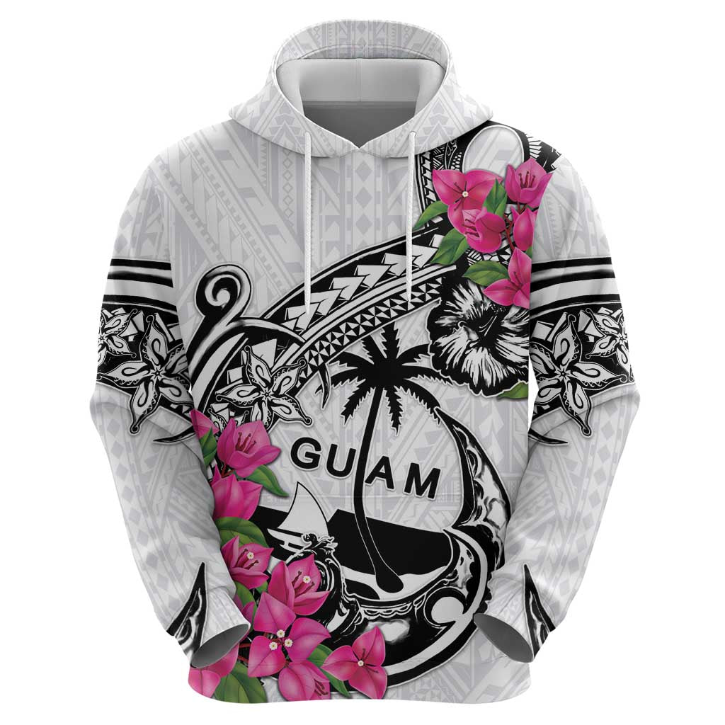 Guam Chamorro Zip Hoodie Bougainvillea White Polynesian Tribal Pattern