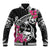 Guam Chamorro Baseball Jacket Bougainvillea Black Polynesian Tribal Pattern