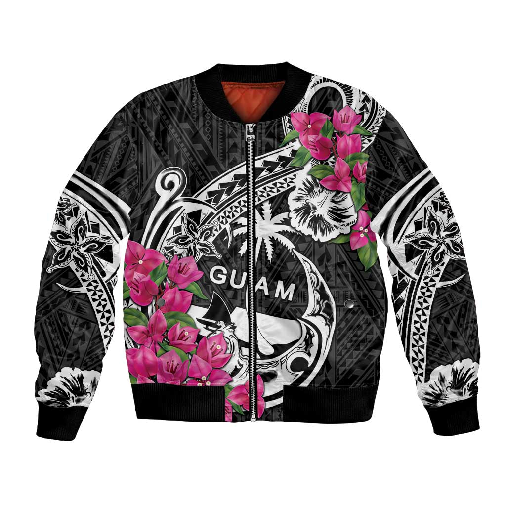 Guam Chamorro Bomber Jacket Bougainvillea Black Polynesian Tribal Pattern