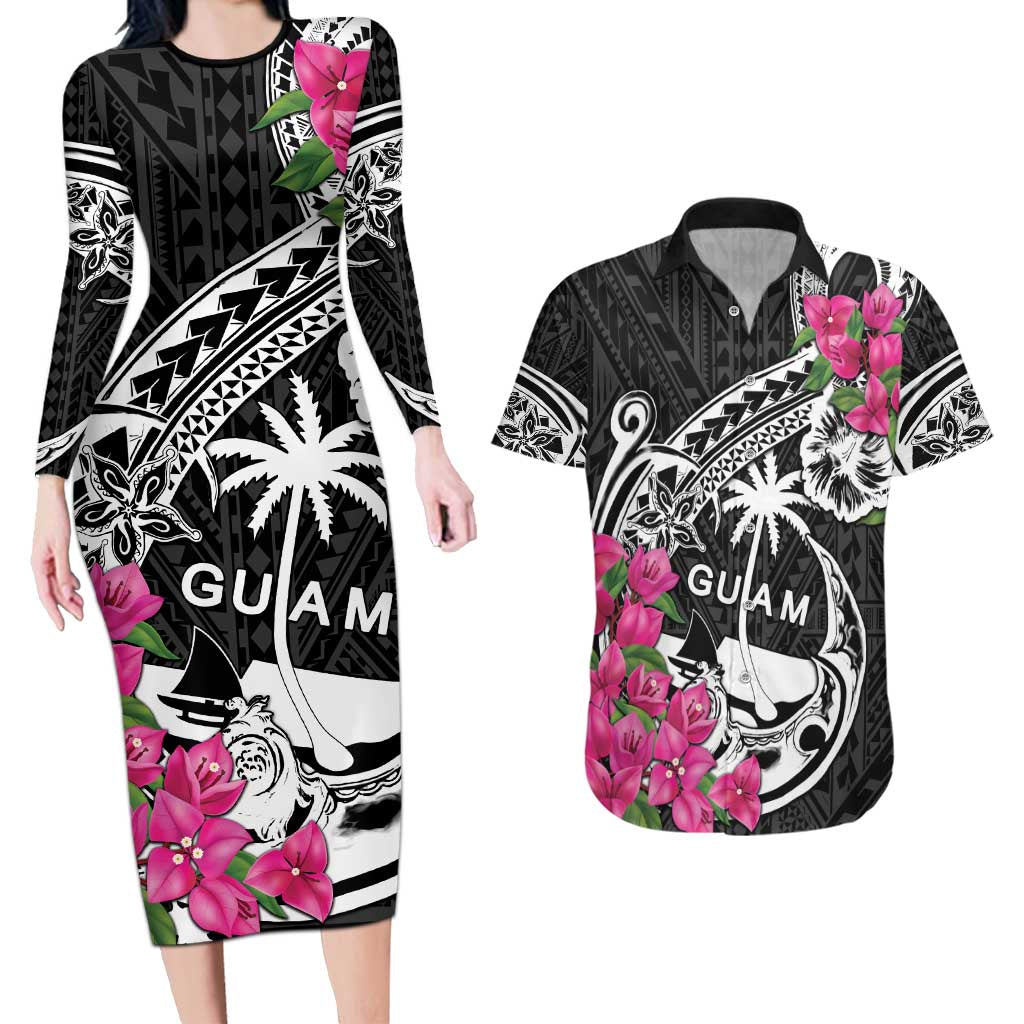 Guam Chamorro Couples Matching Long Sleeve Bodycon Dress and Hawaiian Shirt Bougainvillea Black Polynesian Tribal Pattern