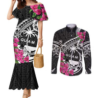 Guam Chamorro Couples Matching Mermaid Dress and Long Sleeve Button Shirt Bougainvillea Black Polynesian Tribal Pattern
