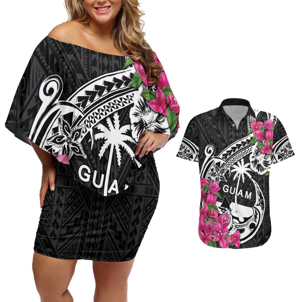 Guam Chamorro Couples Matching Off Shoulder Short Dress and Hawaiian Shirt Bougainvillea Black Polynesian Tribal Pattern