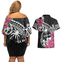Guam Chamorro Couples Matching Off Shoulder Short Dress and Hawaiian Shirt Bougainvillea Black Polynesian Tribal Pattern