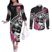 Guam Chamorro Couples Matching Off The Shoulder Long Sleeve Dress and Long Sleeve Button Shirt Bougainvillea Black Polynesian Tribal Pattern