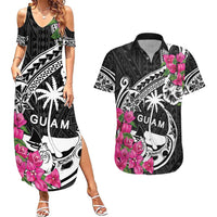 Guam Chamorro Couples Matching Summer Maxi Dress and Hawaiian Shirt Bougainvillea Black Polynesian Tribal Pattern