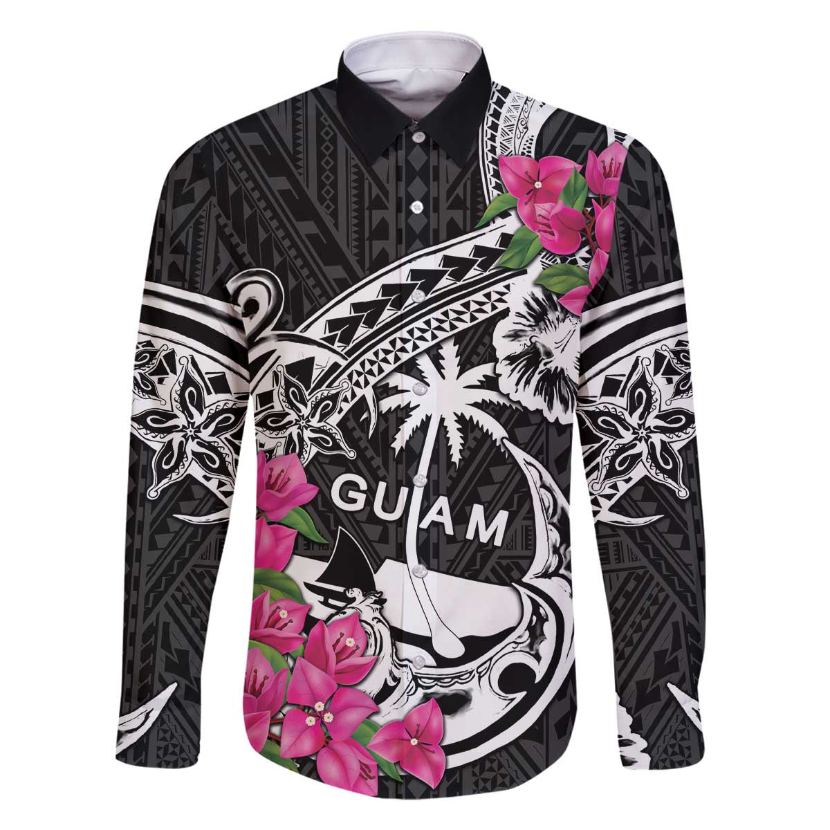 Guam Chamorro Family Matching Off The Shoulder Long Sleeve Dress and Hawaiian Shirt Bougainvillea Black Polynesian Tribal Pattern