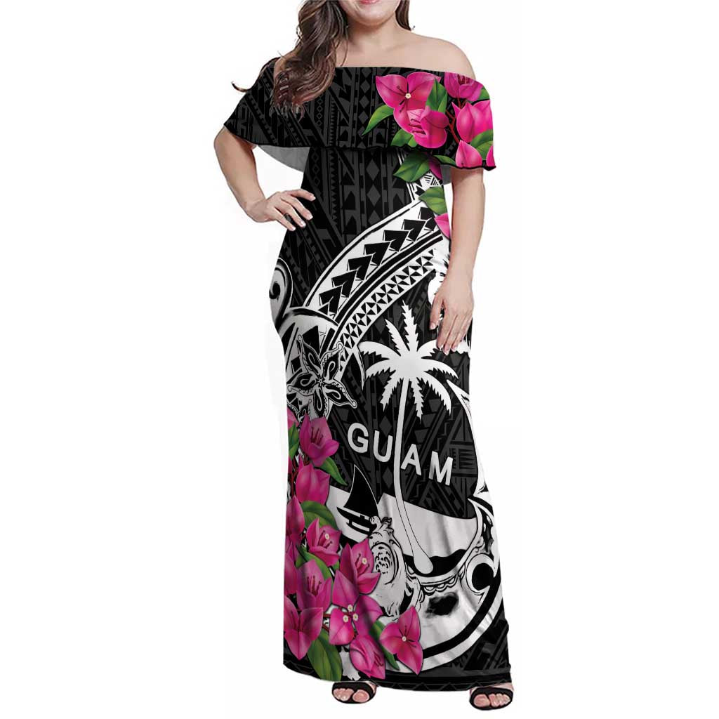 Guam Chamorro Family Matching Off Shoulder Maxi Dress and Hawaiian Shirt Bougainvillea Black Polynesian Tribal Pattern