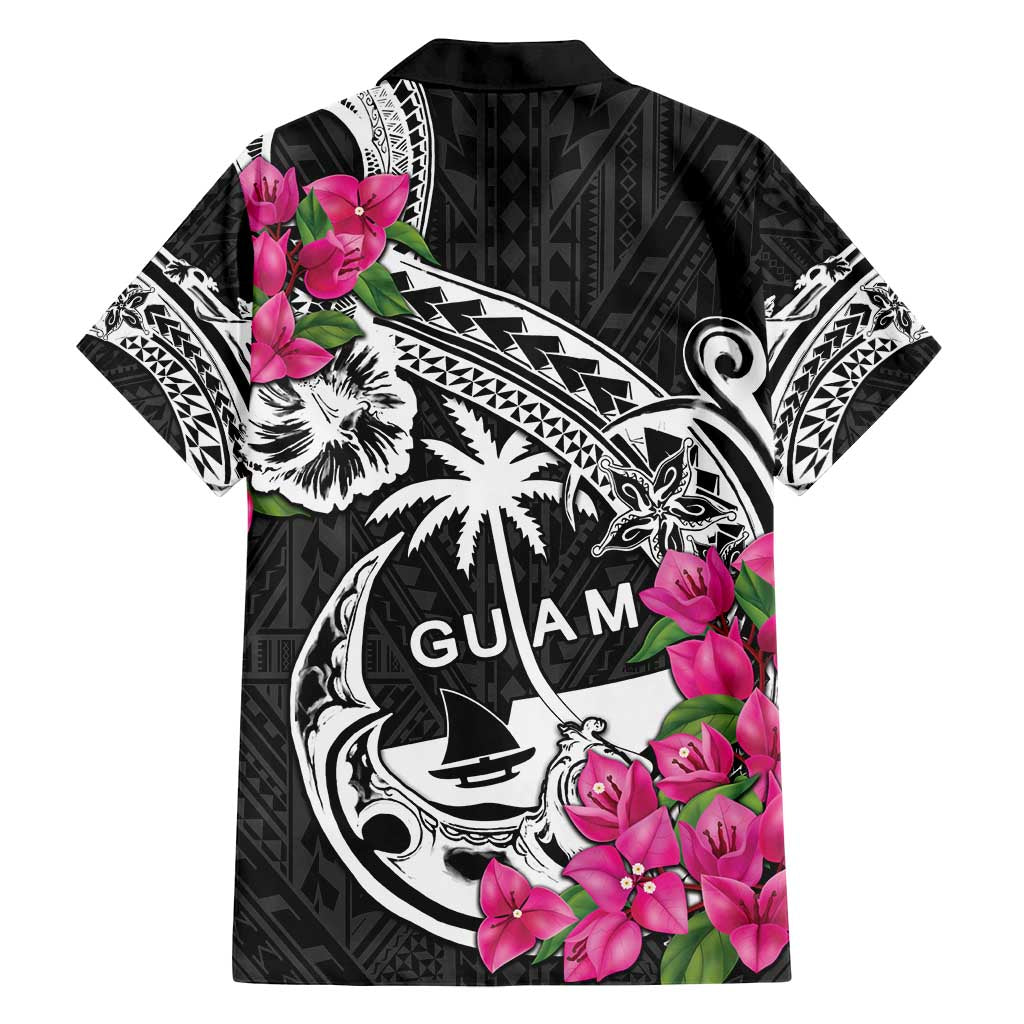 Guam Chamorro Family Matching Off Shoulder Short Dress and Hawaiian Shirt Bougainvillea Black Polynesian Tribal Pattern