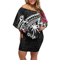 Guam Chamorro Family Matching Off Shoulder Short Dress and Hawaiian Shirt Bougainvillea Black Polynesian Tribal Pattern