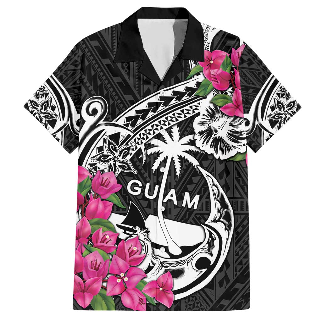 Guam Chamorro Family Matching Short Sleeve Bodycon Dress and Hawaiian Shirt Bougainvillea Black Polynesian Tribal Pattern