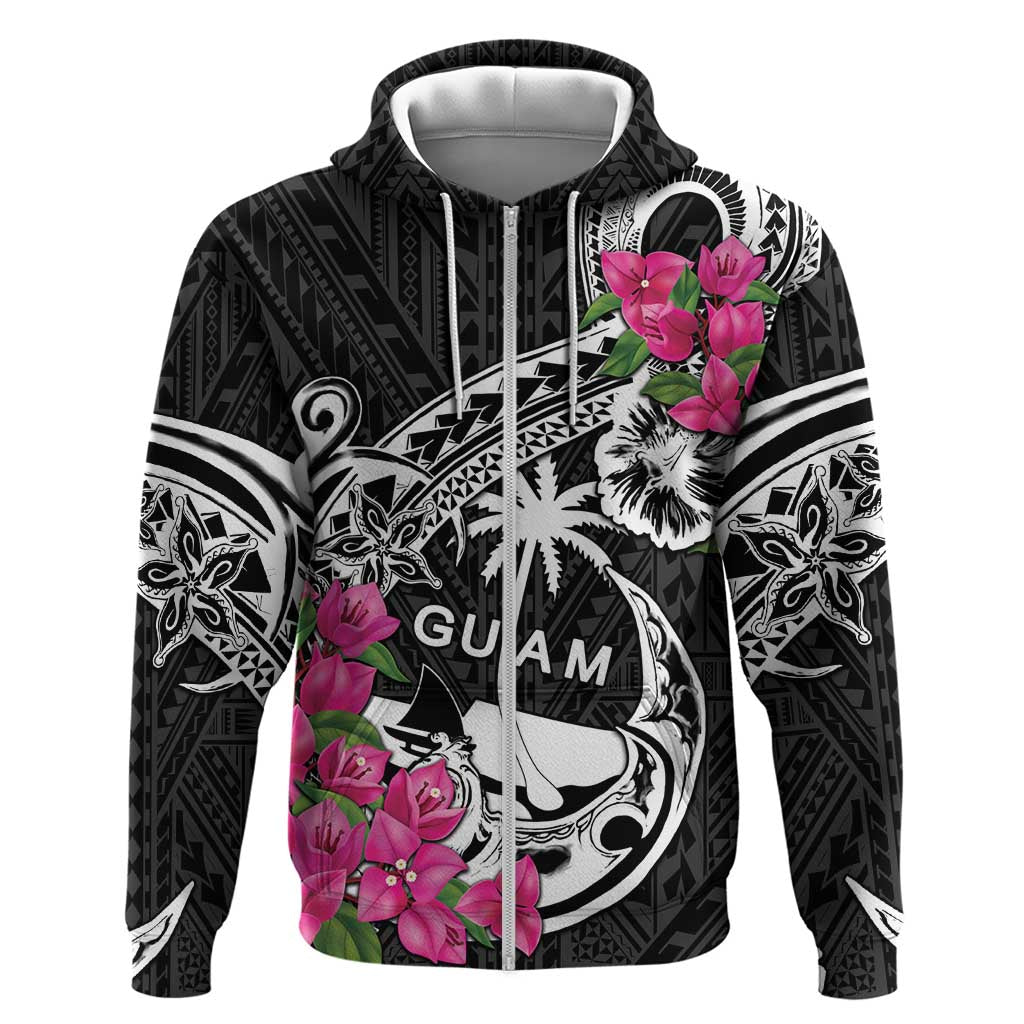 Guam Chamorro Hoodie Bougainvillea Black Polynesian Tribal Pattern
