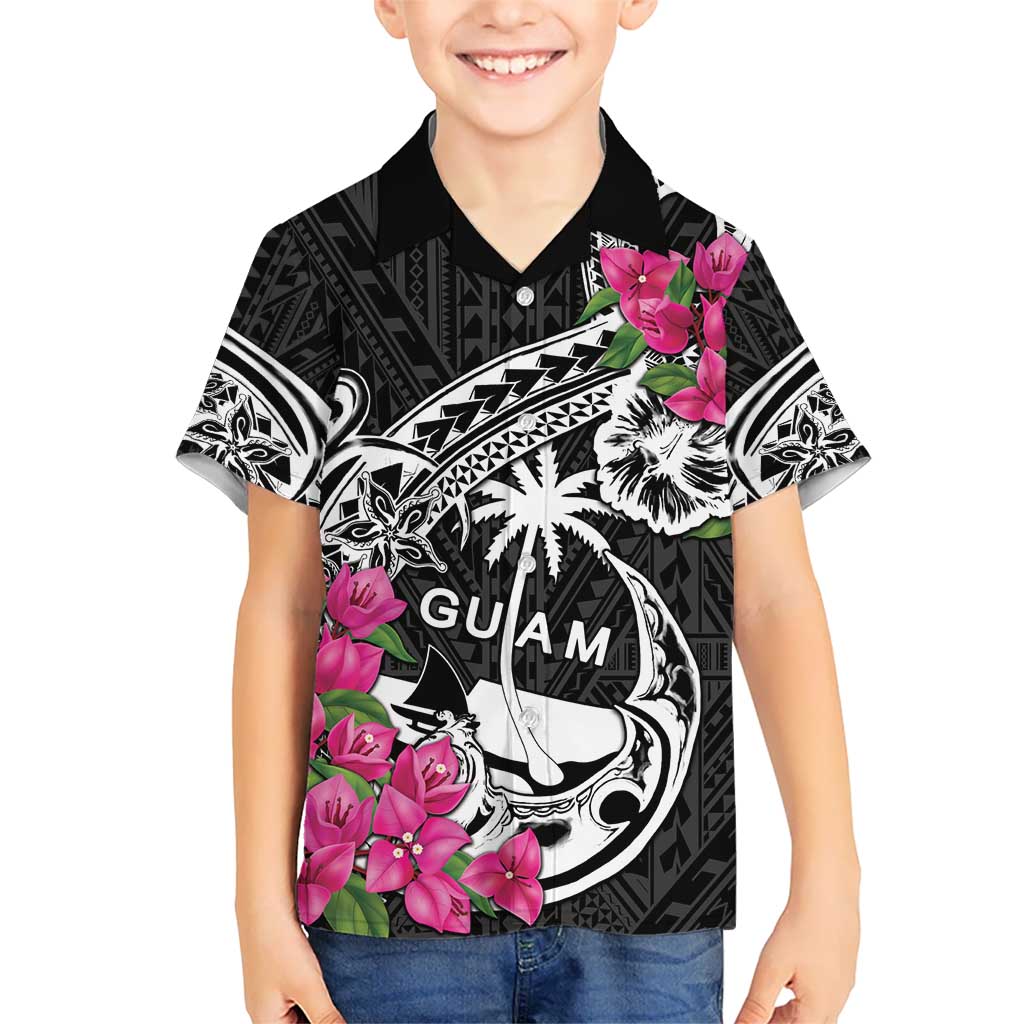 Guam Chamorro Kid Hawaiian Shirt Bougainvillea Black Polynesian Tribal Pattern