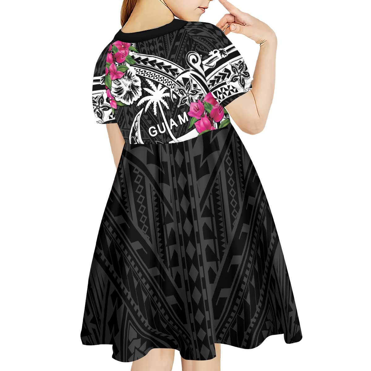 Guam Chamorro Kid Short Sleeve Dress Bougainvillea Black Polynesian Tribal Pattern
