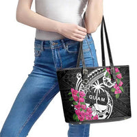 Guam Chamorro Leather Tote Bag Bougainvillea Black Polynesian Tribal Pattern