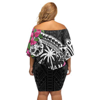 Guam Chamorro Off Shoulder Short Dress Bougainvillea Black Polynesian Tribal Pattern