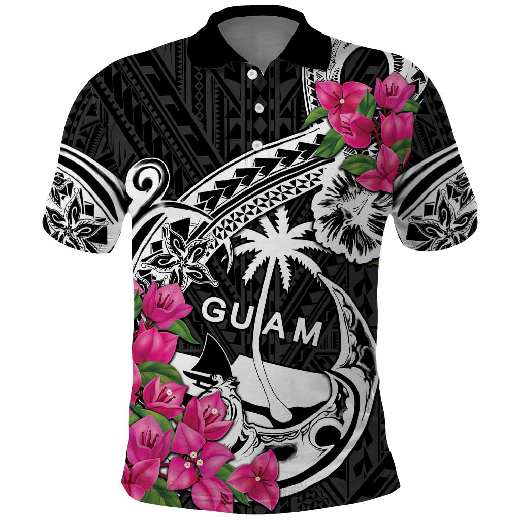 Guam Chamorro Polo Shirt Bougainvillea Black Polynesian Tribal Pattern