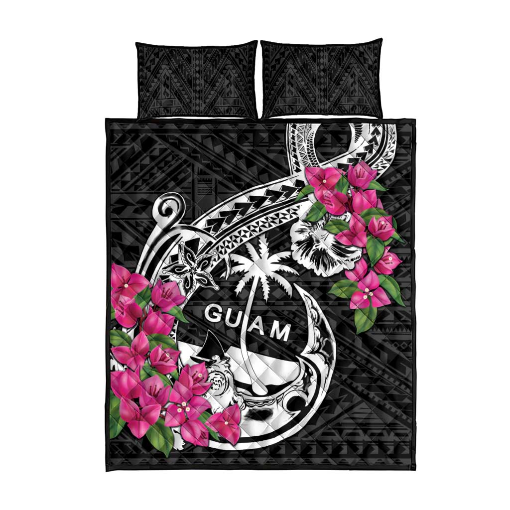 Guam Chamorro Quilt Bed Set Bougainvillea Black Polynesian Tribal Pattern