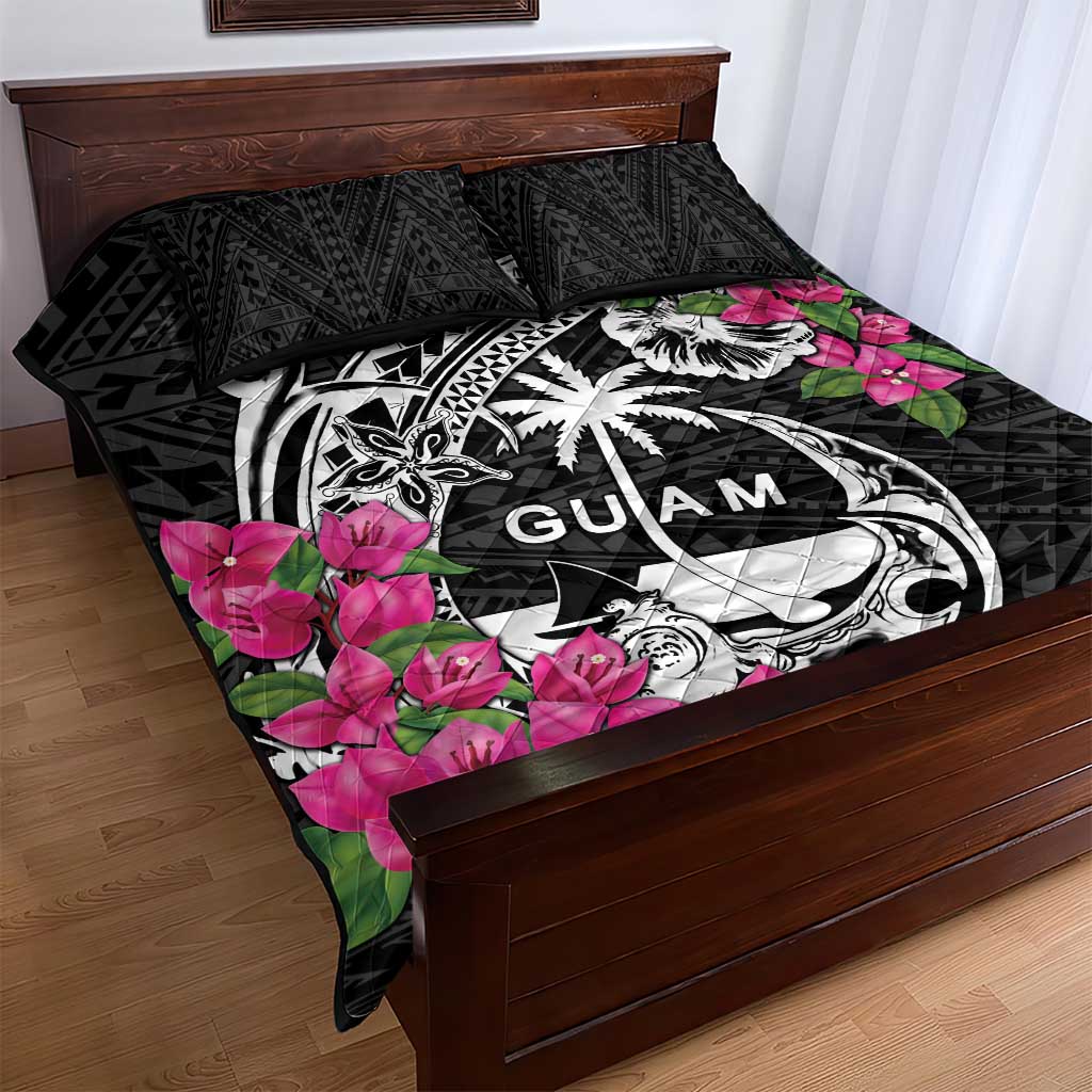 Guam Chamorro Quilt Bed Set Bougainvillea Black Polynesian Tribal Pattern